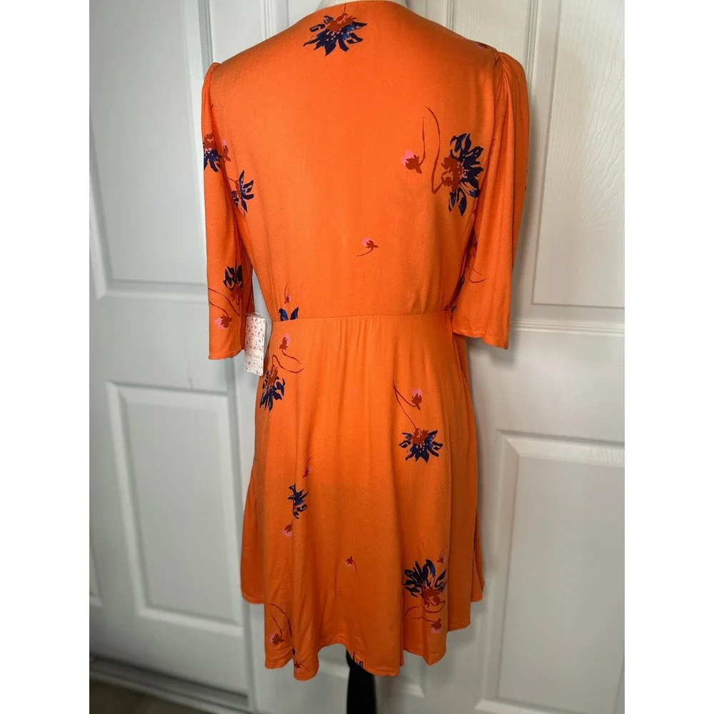 NWT Free‎ People Red Combo Floral Print V Neck Mini Dress Size S Orange